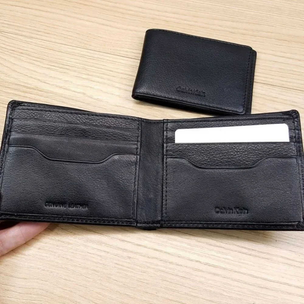 CALVIN KLEIN Mens Wallet Black Pebbled Leather Slimfold Removable Front Pocket